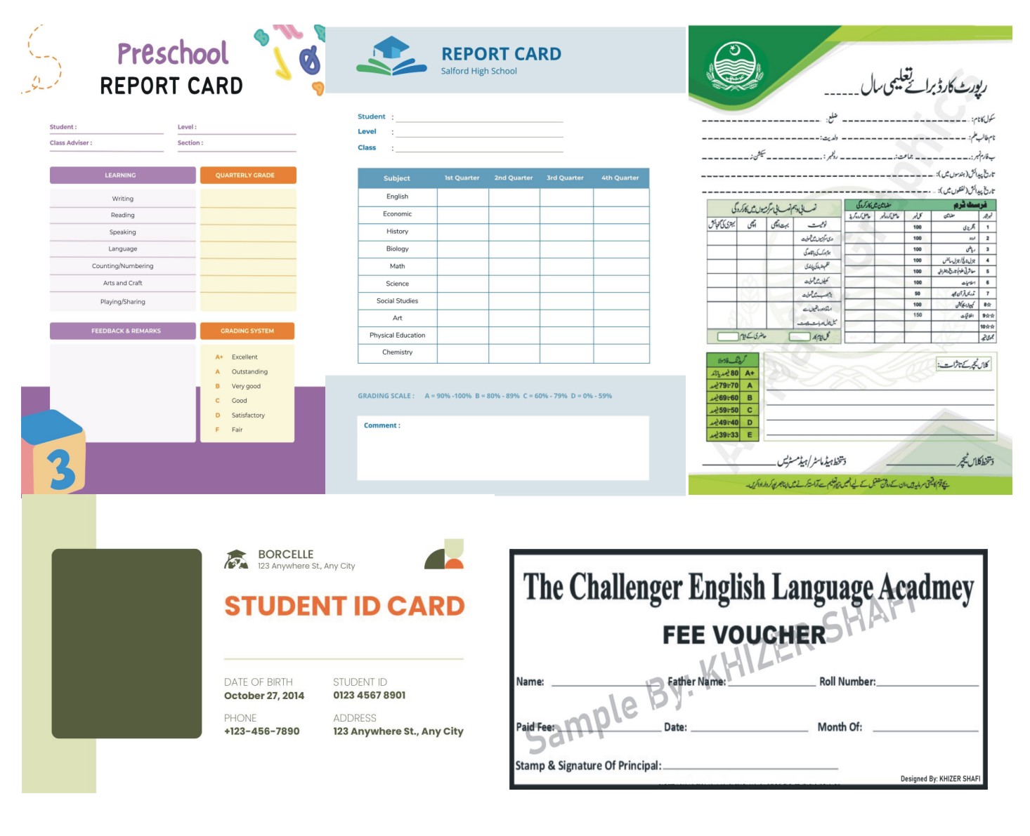 School Voucher, Card, Charts, Result Card, Class guazzette,Date Sheet, Time Tables